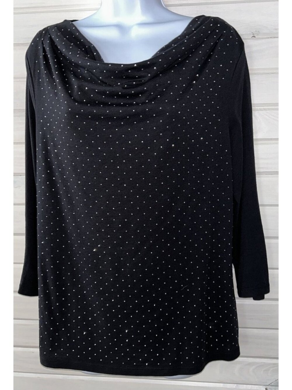 Talbots Sz LARGE Black Cowl Neck Studded Rhinestone Shirt Tunic 3/4 Sleeves EUC